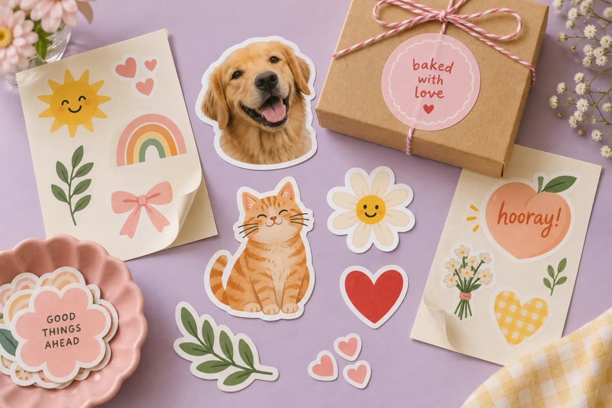 Custom sticker ideas: a pet portrait, bakery packaging label and colourful sticker sheets